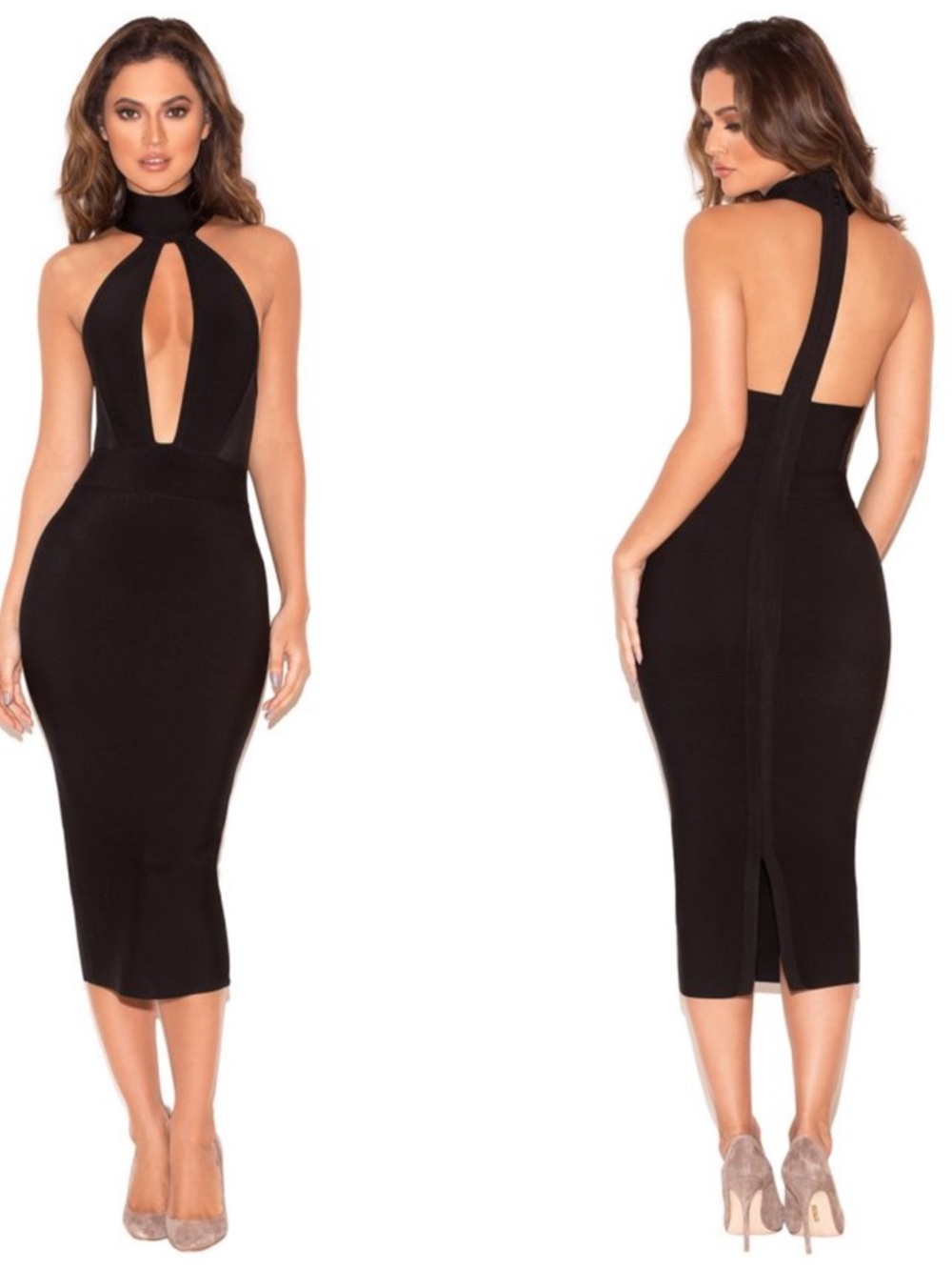 House of CB Black Midi Cutout Halter Dress